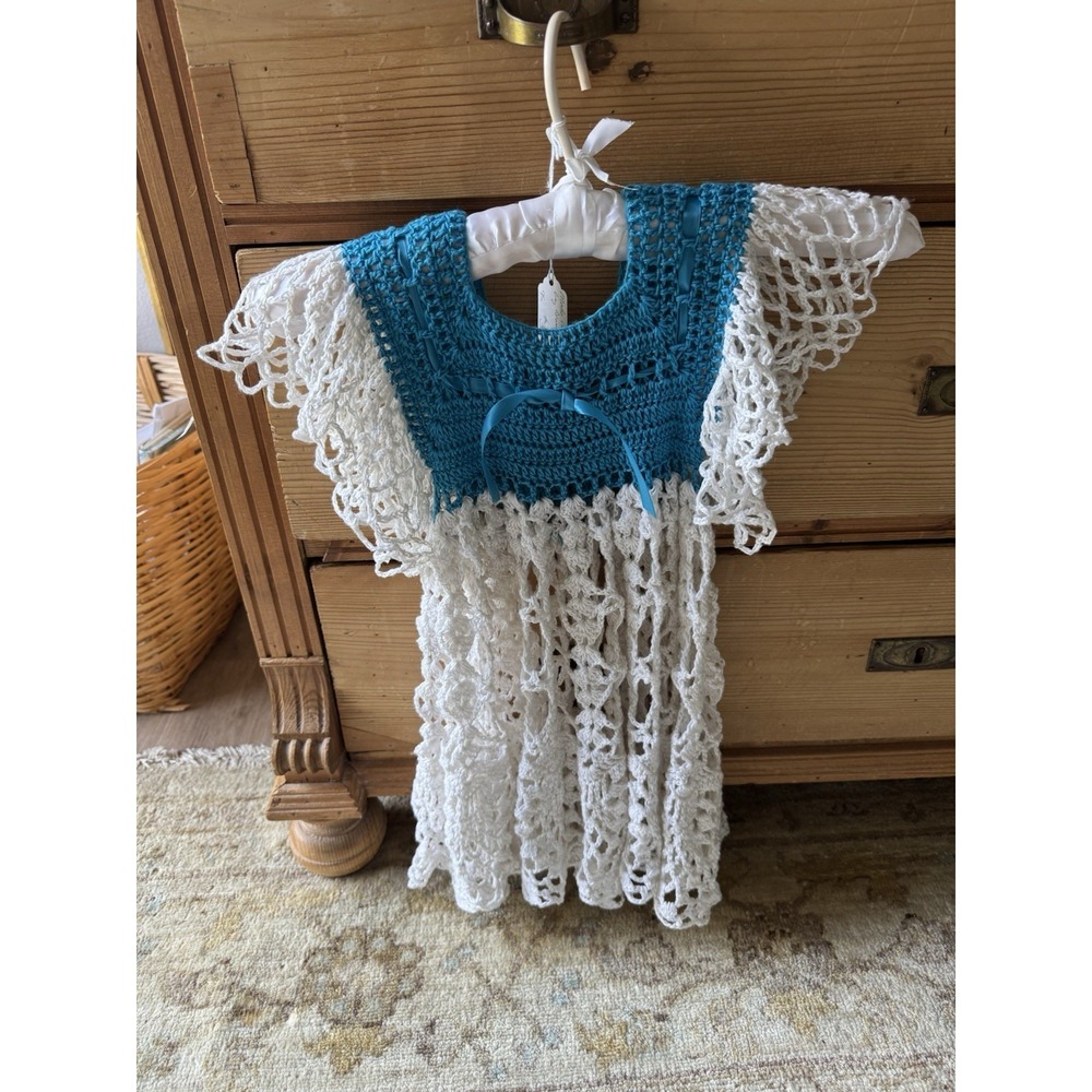 VTG  Handmade Teal & White Girl's Dress Sz 4/5 - Picture 6 of 7
